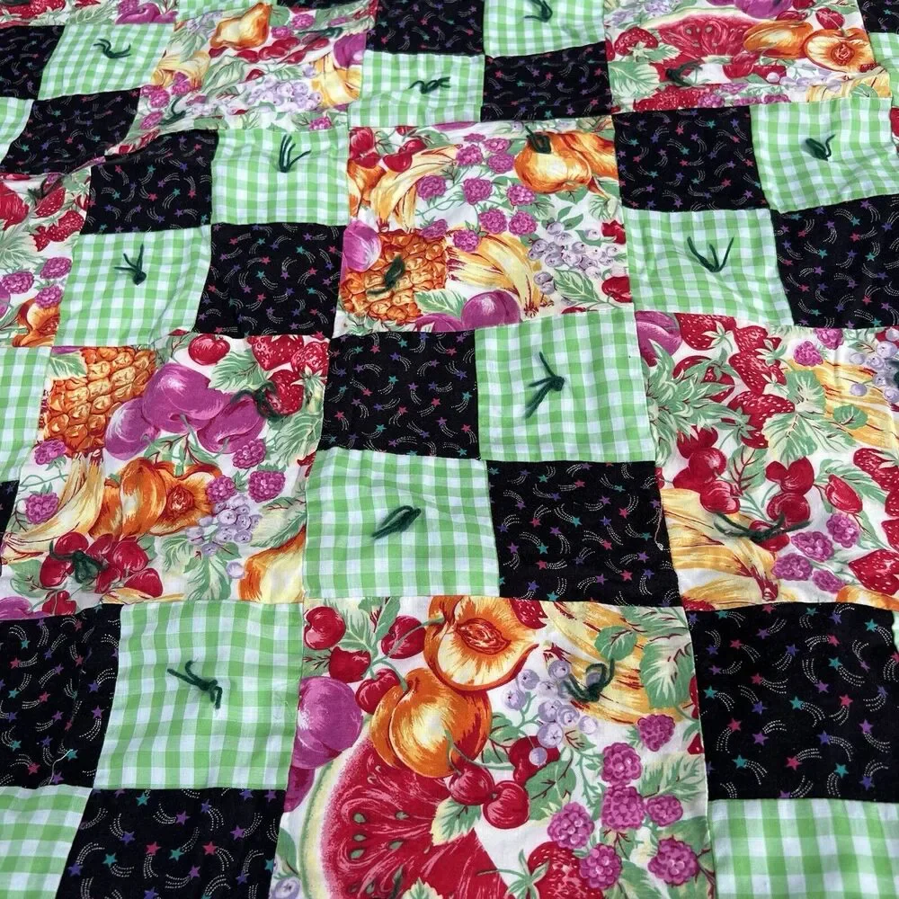 Patchwork Quilt Blanket Lap Throw 40 x 52 Crib Blanket Fruits Plaid Palaka Print